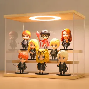 LASOA 3 Tier Acrylic Display Case with Adjustable LED Light, Clear Display Box for Action Figures, Collectibles and Miniatures, Self-Assembly Shelf Showcase with Wooden Base, 11.8x6.5x9.4inch