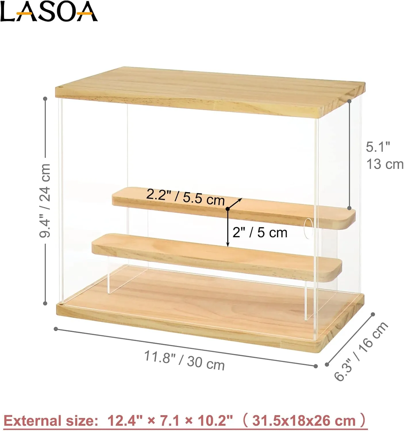 LASOA 3 Tier Acrylic Display Case with Adjustable LED Light, Clear Display Box for Action Figures, Collectibles and Miniatures, Self-Assembly Shelf Showcase with Wooden Base, 11.8x6.5x9.4inch