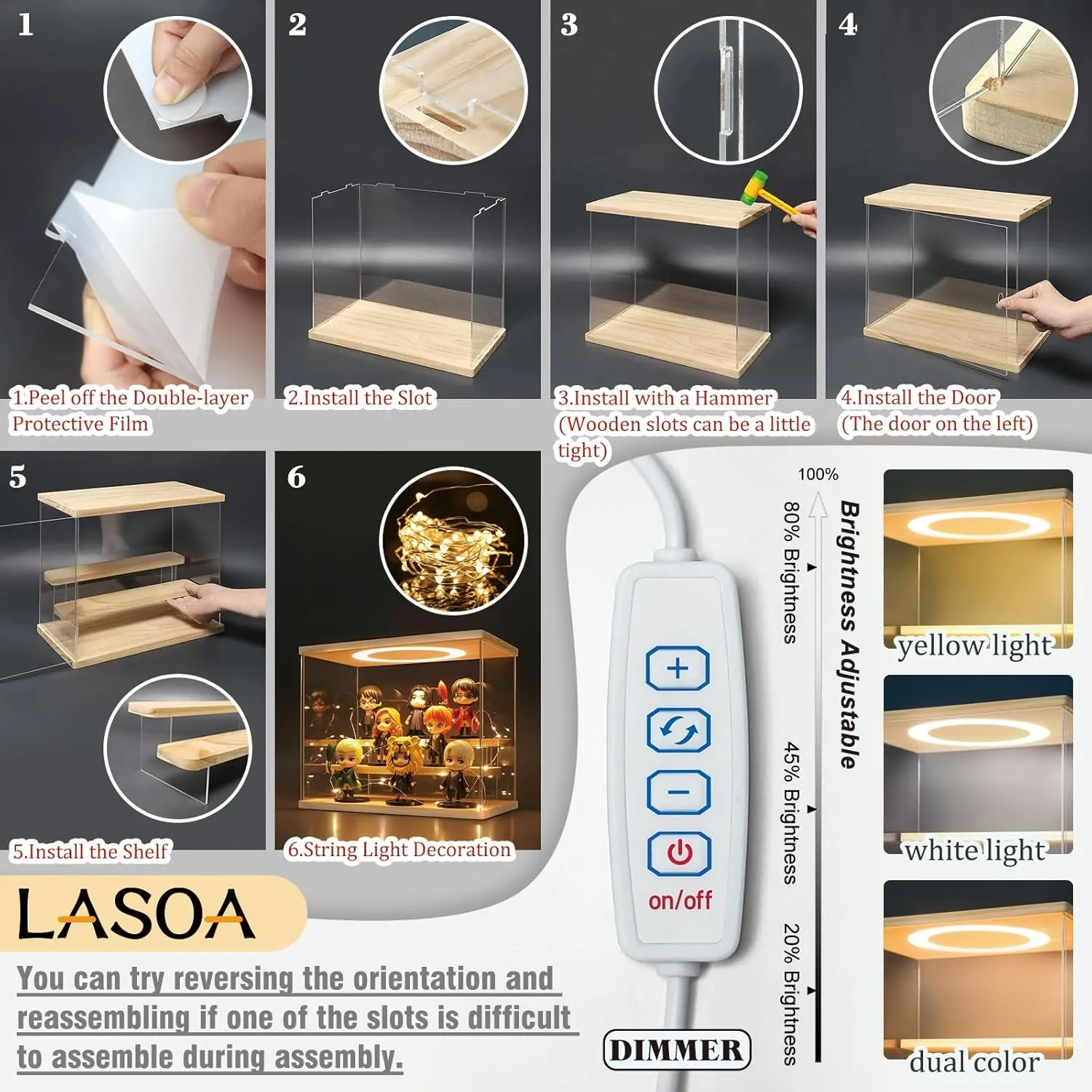 LASOA 3 Tier Acrylic Display Case with Adjustable LED Light, Clear Display Box for Action Figures, Collectibles and Miniatures, Self-Assembly Shelf Showcase with Wooden Base, 11.8x6.5x9.4inch