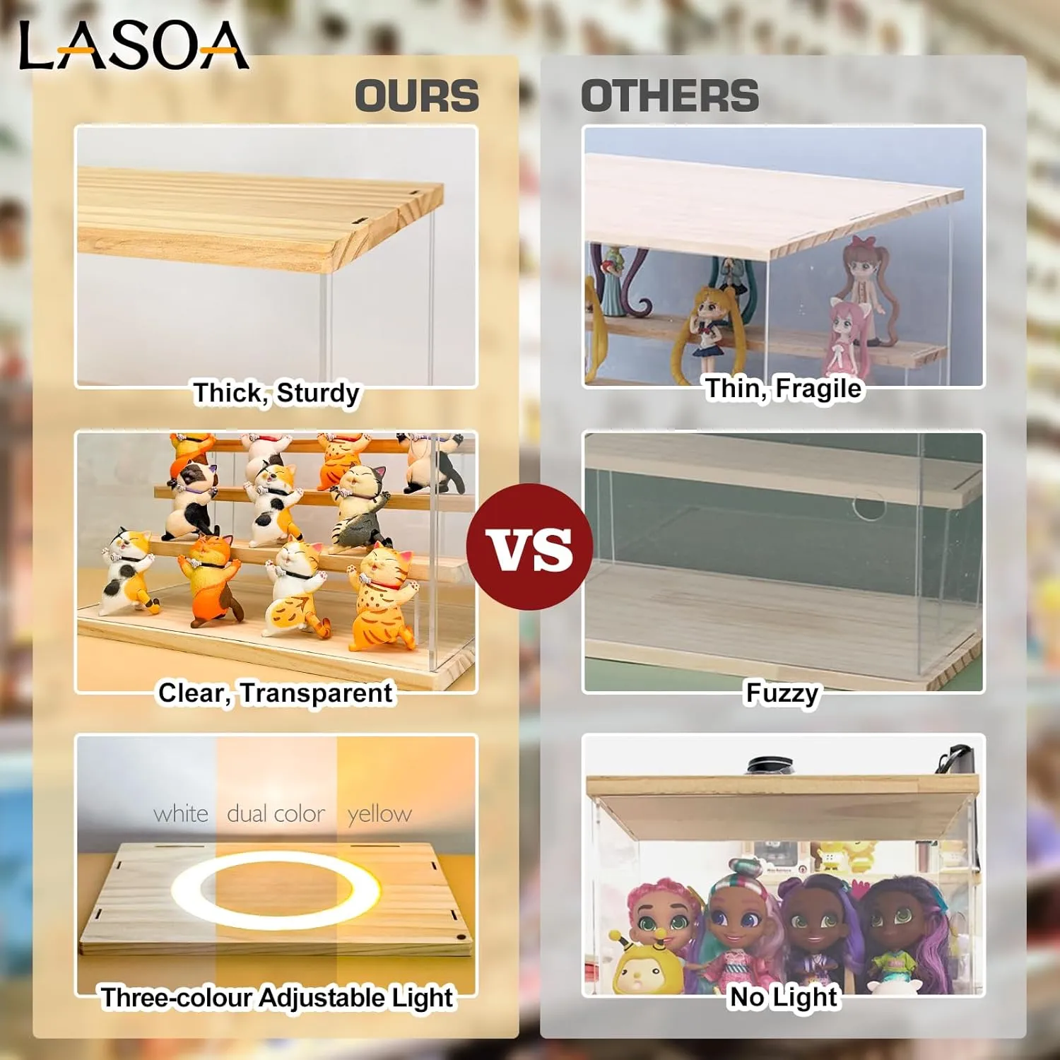 LASOA 3 Tier Acrylic Display Case with Adjustable LED Light, Clear Display Box for Action Figures, Collectibles and Miniatures, Self-Assembly Shelf Showcase with Wooden Base, 11.8x6.5x9.4inch