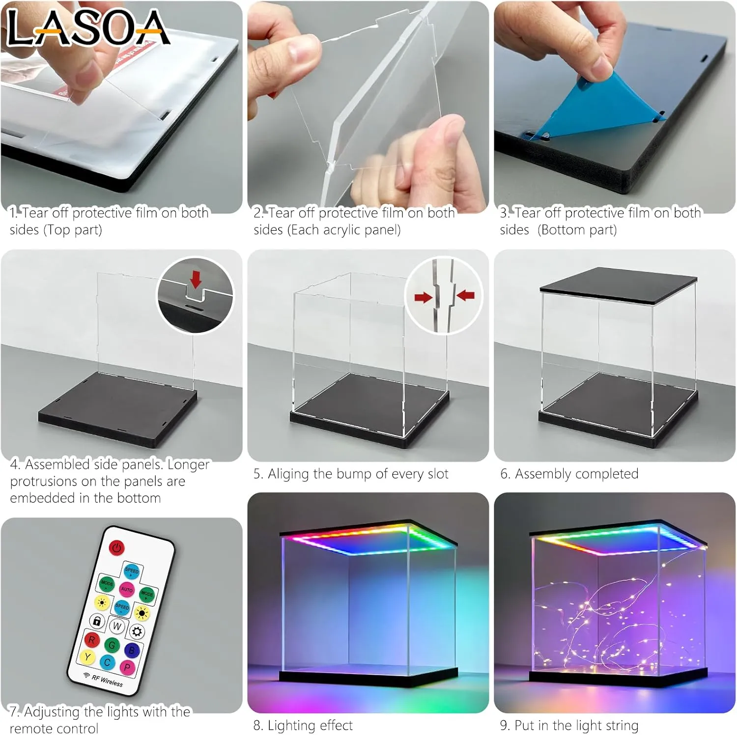 LASOA Acrylic Display Case with RGBW Color Changing LED Light, Clear Display Box for Action Figures and Collectibles, Self-Assembly Dustproof Showcase with Black Base, 7.9x5.9x13.8inch