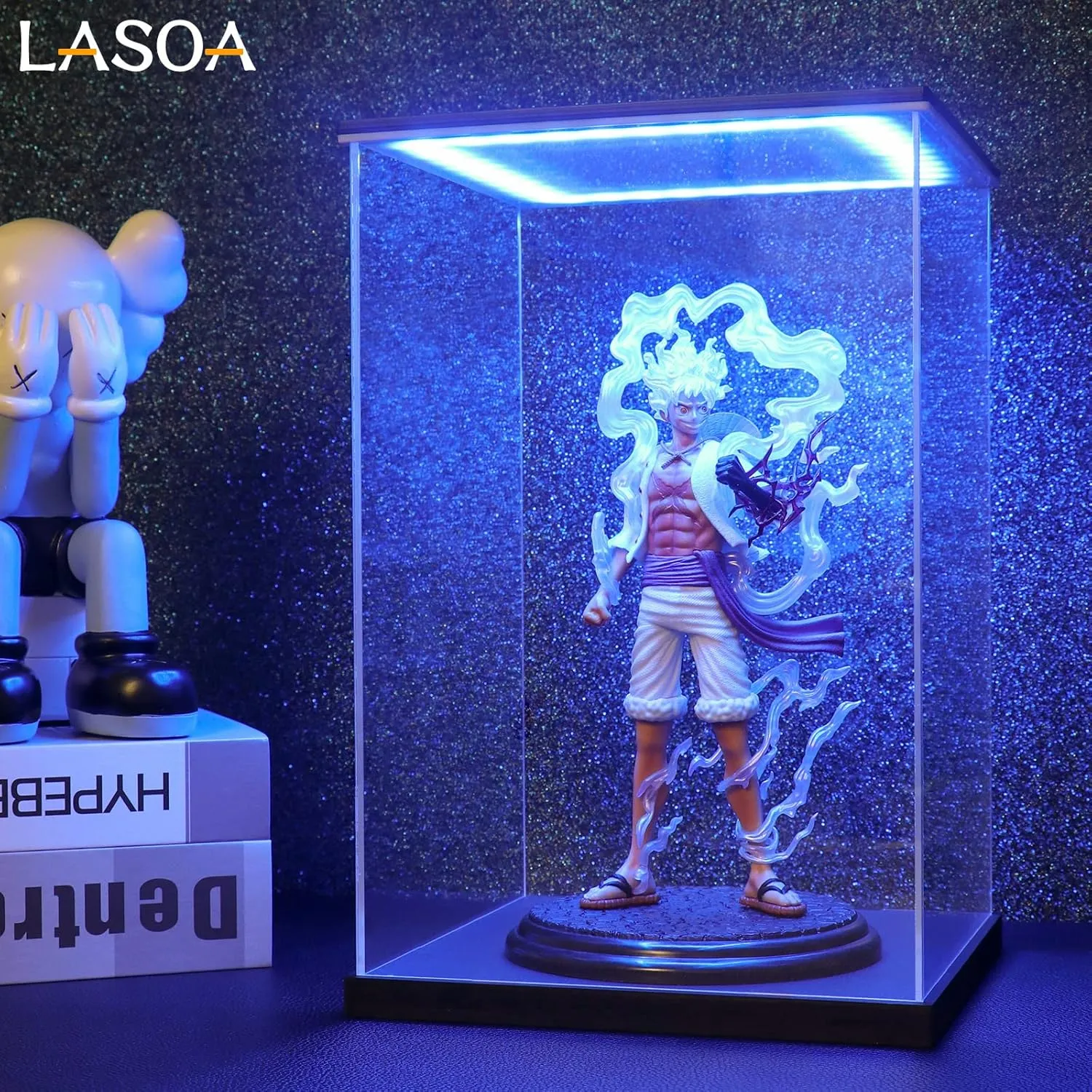 LASOA Acrylic Display Case with RGBW Color Changing LED Light, Clear Display Box for Action Figures and Collectibles, Self-Assembly Dustproof Showcase with Black Base, 7.9x5.9x13.8inch