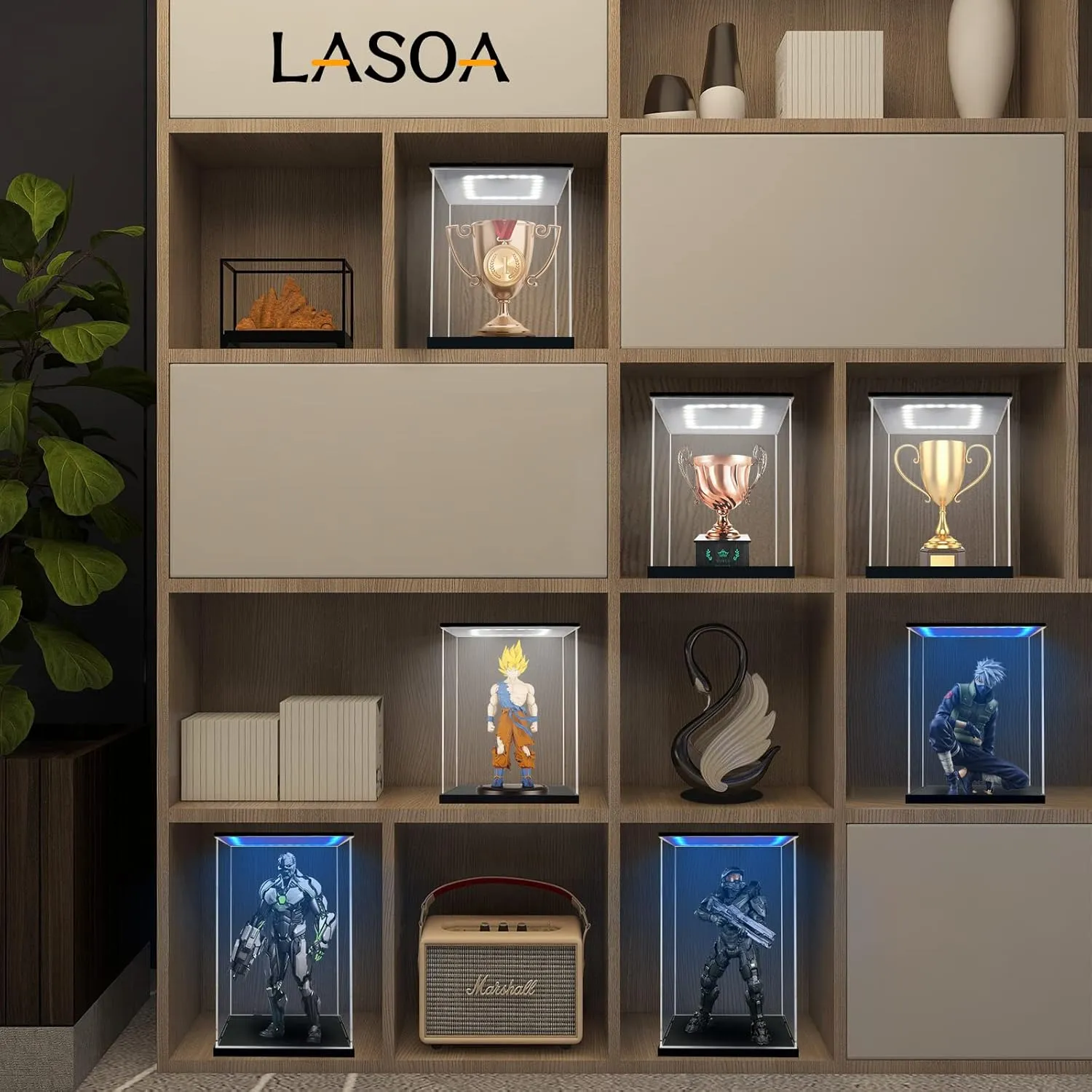 LASOA Acrylic Display Case with RGBW Color Changing LED Light, Clear Display Box for Action Figures and Collectibles, Self-Assembly Dustproof Showcase with Black Base, 7.9x5.9x13.8inch