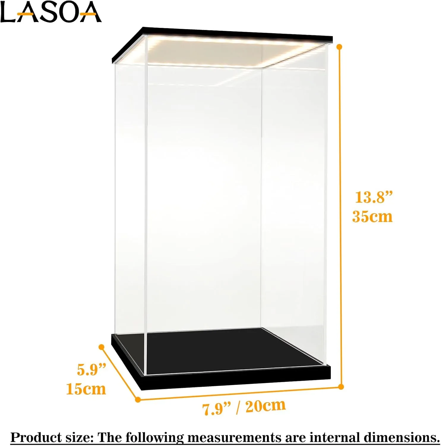 LASOA Acrylic Display Case with RGBW Color Changing LED Light, Clear Display Box for Action Figures and Collectibles, Self-Assembly Dustproof Showcase with Black Base, 7.9x5.9x13.8inch