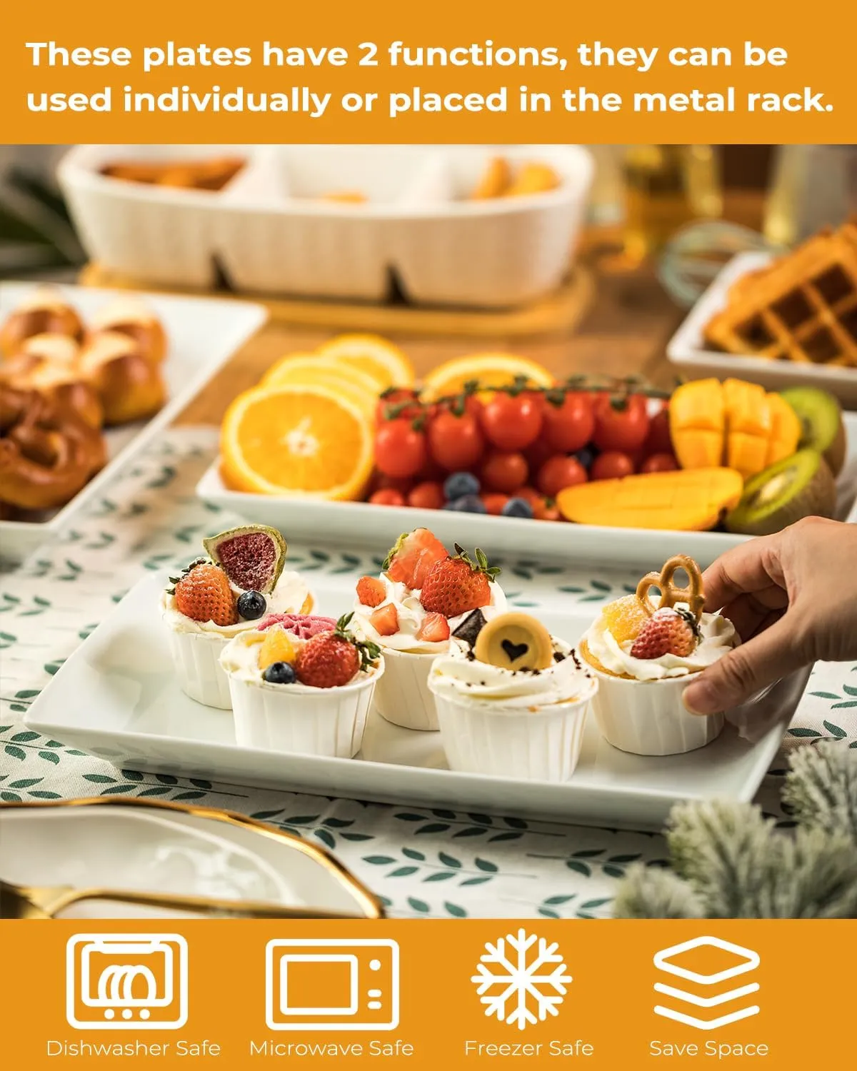 LAUCHUH 3 Tier Serving Tray Porcelain Tiered Serving Stand Collapsible Sturdier Rack with 3 Serving Platters & 2 Cross Bars for Easter Fruit Dessert Party Display Set, 12 Inch, Bronze