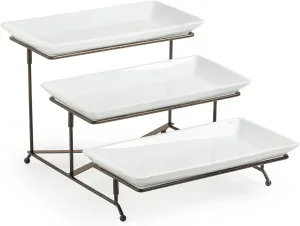 LAUCHUH 3 Tier Serving Tray Porcelain Tiered Serving Stand Collapsible Sturdier Rack with 3 Serving Platters & 2 Cross Bars for Easter Fruit Dessert Party Display Set, 12 Inch, Bronze
