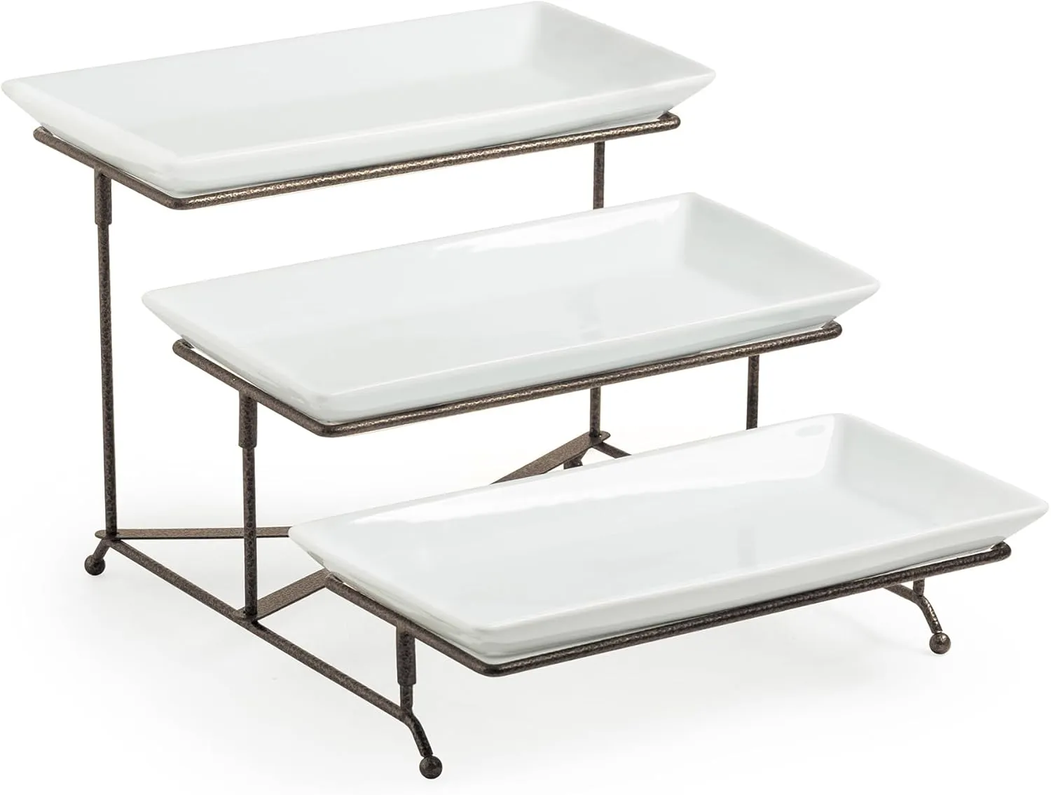 LAUCHUH 3 Tier Serving Tray Porcelain Tiered Serving Stand Collapsible Sturdier Rack with 3 Serving Platters & 2 Cross Bars for Easter Fruit Dessert Party Display Set, 12 Inch, Bronze