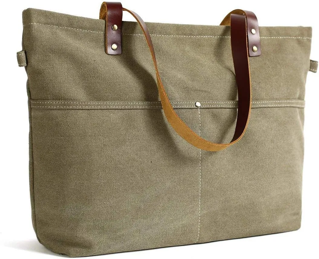 Leather Canvas Tote Bag for Women Canvas Leather Handbags with Zipper Women's Shopping Work Large Shoulder Bags
