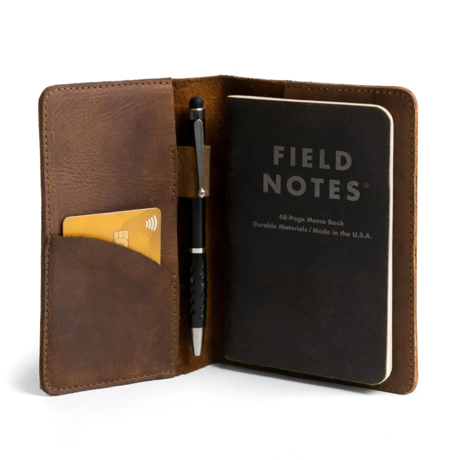 Leather Field Notes Cover, Leather Notebook Cover 3.5 x 5.5 in. with Card and Pen Holder, Handmade Protective Storage for Pocket Moleskine Journal Cover, Book & Notebooks, Notepad Wallet for Travelers (Bourbon Brown)