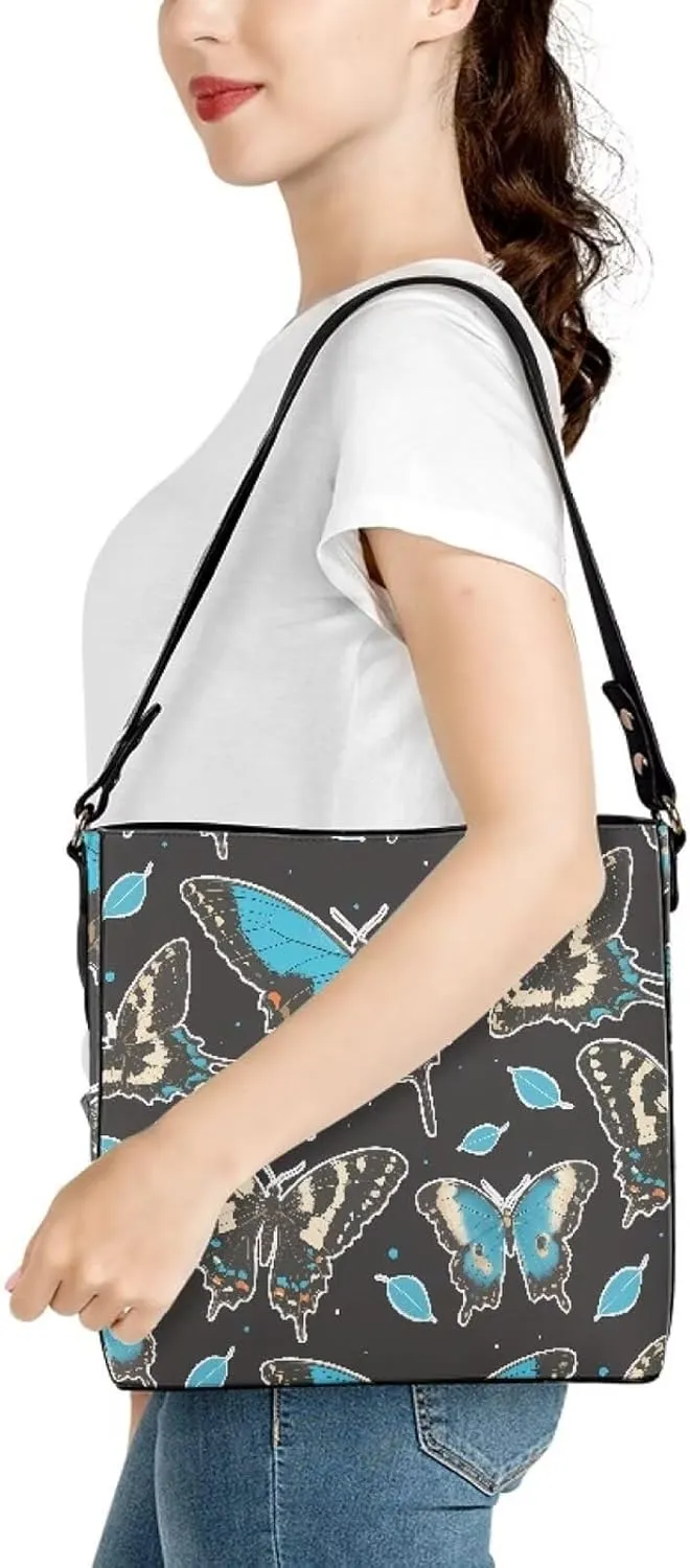 Leather Handbags for Women Painting Owls PU Leather Bucket Bag, Folk Birds Floral Women's Leather Tote Bag for Work