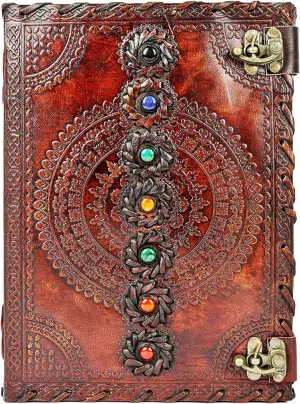 Leather Journal Blank Spell Book of Shadows with Lock Clasp Prop Vintage Notebook Seven Chakra Stone Hand Embossed Journals Bound Witchcraft Wiccan Sketchbook Drawing Writing Diary Traveling for Men &