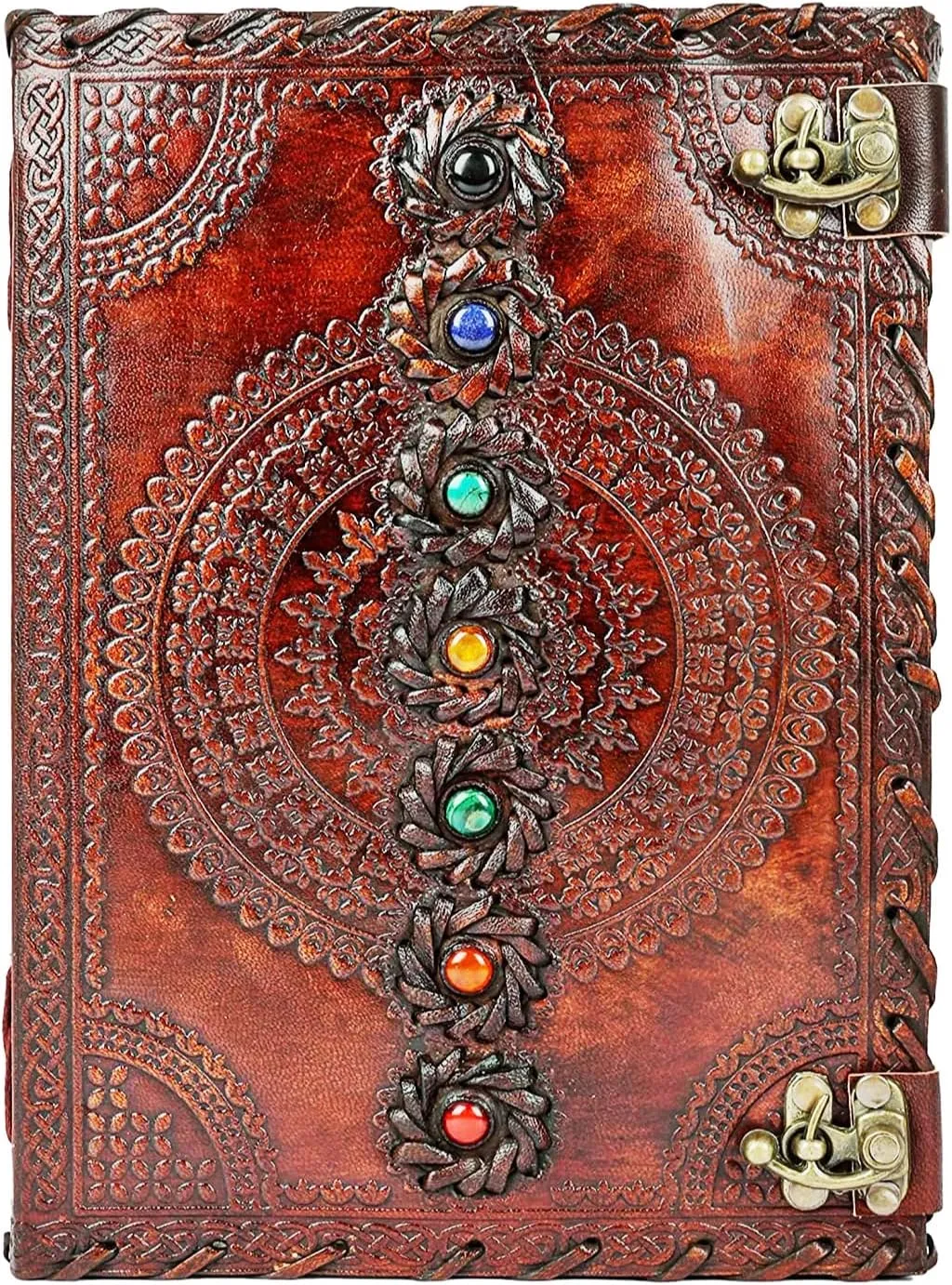 Leather Journal Blank Spell Book of Shadows with Lock Clasp Prop Vintage Notebook Seven Chakra Stone Hand Embossed Journals Bound Witchcraft Wiccan Sketchbook Drawing Writing Diary Traveling for Men &