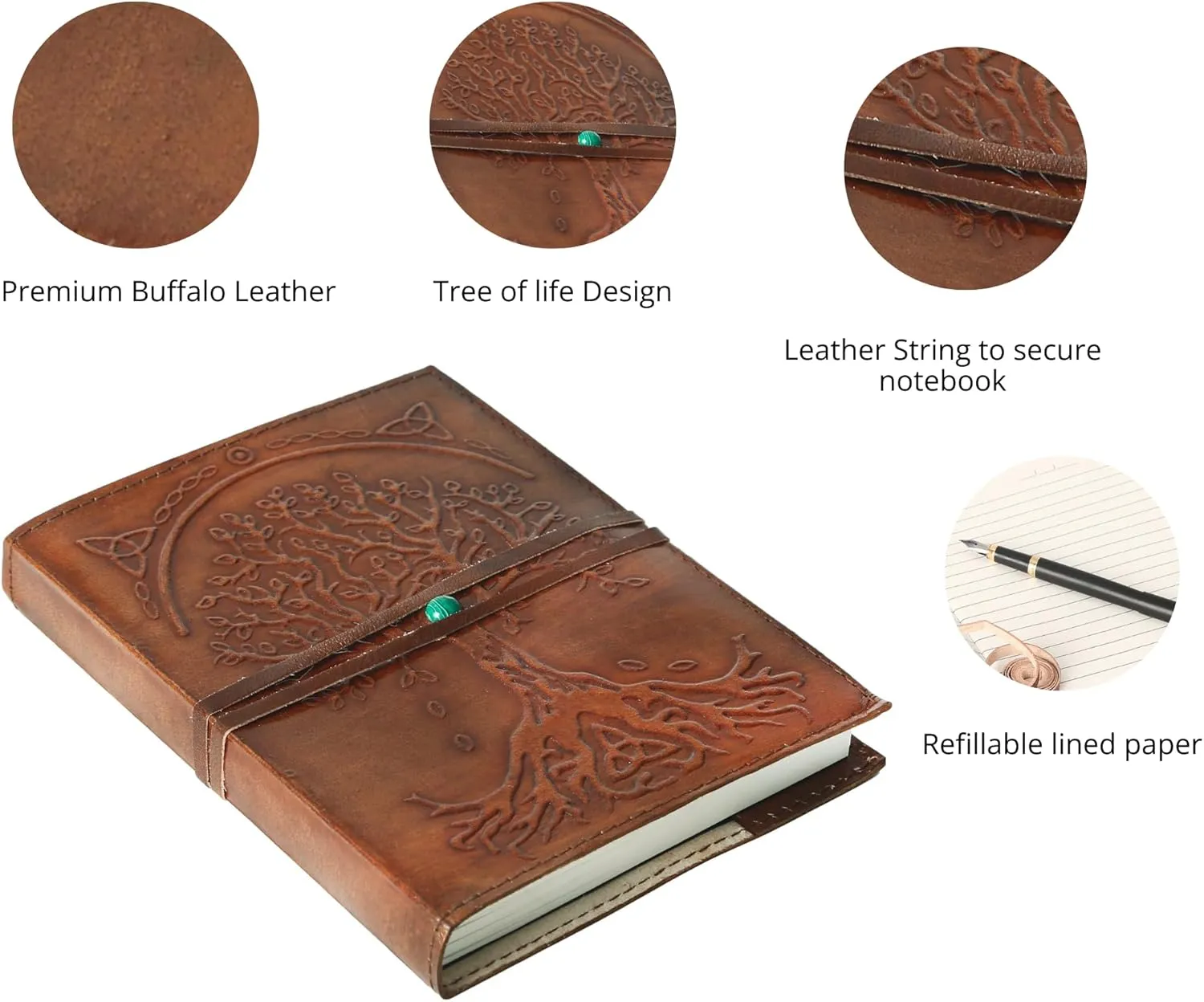 Leather Journal in Brown 8x6 Refillable Lined Paper Tree of Life Handmade writing Notebook Diary Leather Bound Daily Notepad for women and men Writing pad for Artist Sketch