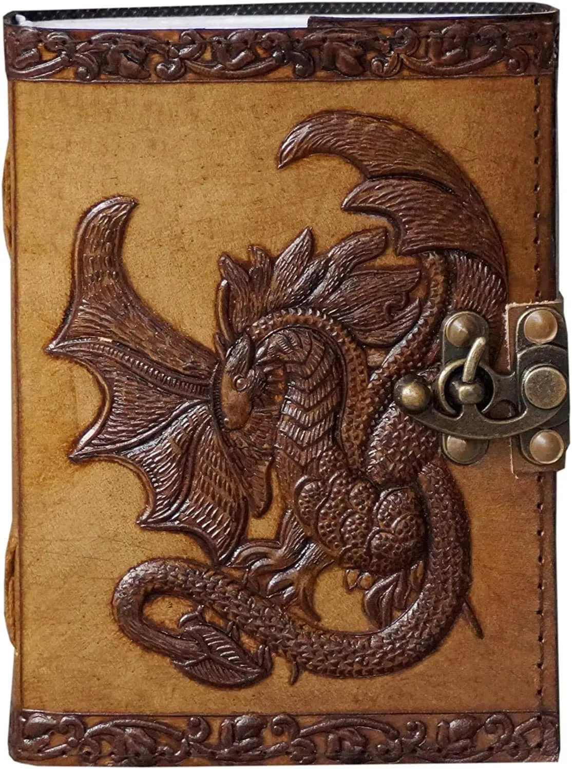 Leather Journal with Clasp Celtic Dragon Embossed Journal Vintage Sketchbook Parchment Paper Writing Wiccan Pagan Notebook for Women Diary Appointment Organizer Poetry Book 7x5 Inches