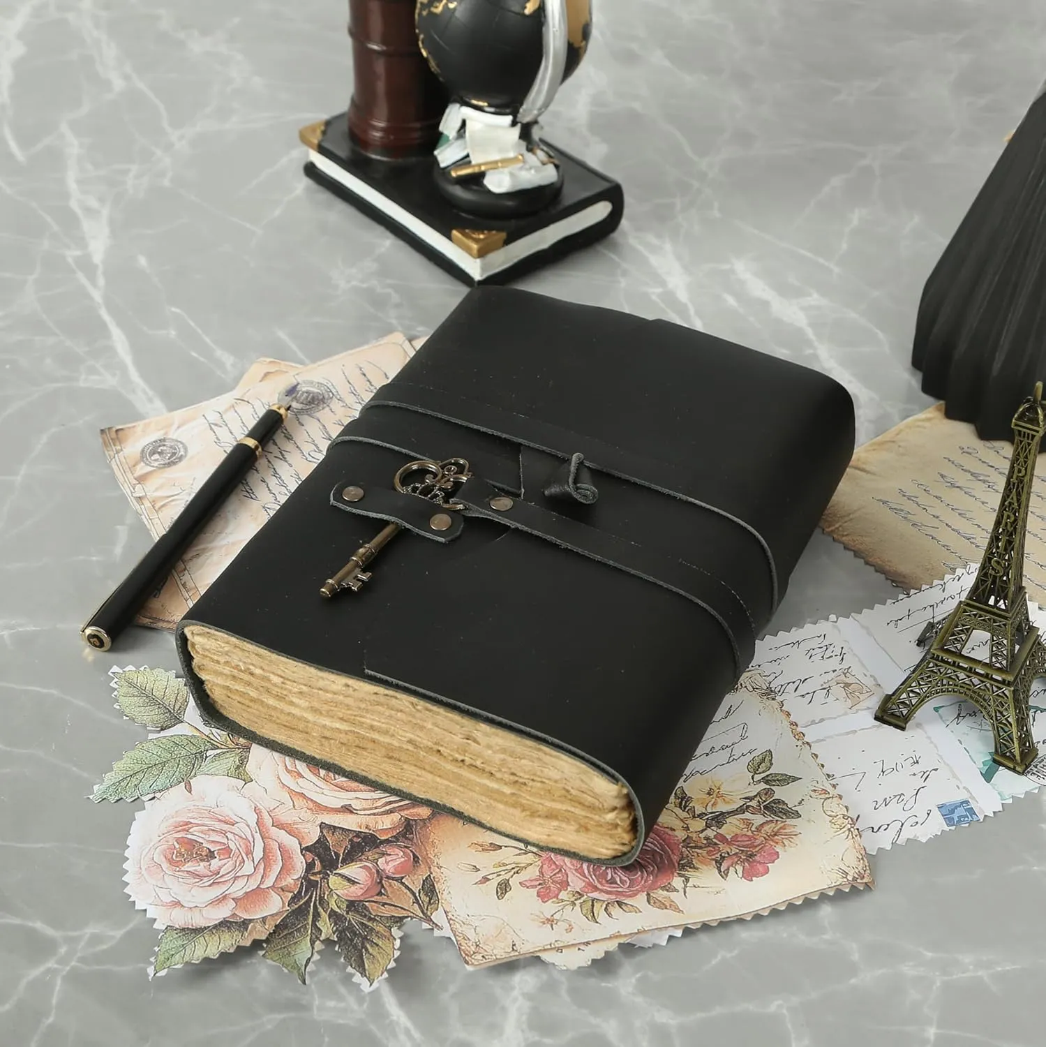 Leather Journal with Deckle Edge Paper 8x6 inch and Vintage Key | Handmade Writing Notebook Diary | Bound Daily Notepad for Men & Women Medium, Sketch/Writing pad for Artists (Black)