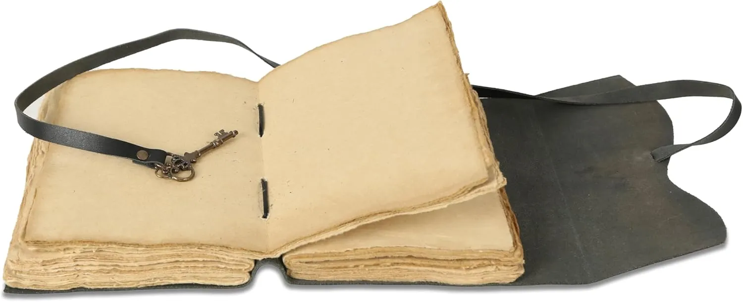 Leather Journal with Deckle Edge Paper 8x6 inch and Vintage Key | Handmade Writing Notebook Diary | Bound Daily Notepad for Men & Women Medium, Sketch/Writing pad for Artists (Black)