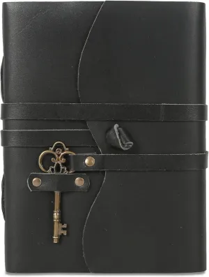 Leather Journal with Deckle Edge Paper 8x6 inch and Vintage Key | Handmade Writing Notebook Diary | Bound Daily Notepad for Men & Women Medium, Sketch/Writing pad for Artists (Black)