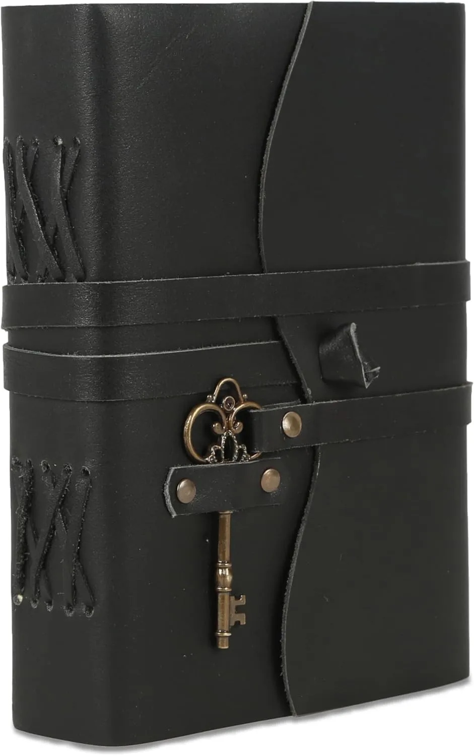 Leather Journal with Deckle Edge Paper 8x6 inch and Vintage Key | Handmade Writing Notebook Diary | Bound Daily Notepad for Men & Women Medium, Sketch/Writing pad for Artists (Black)
