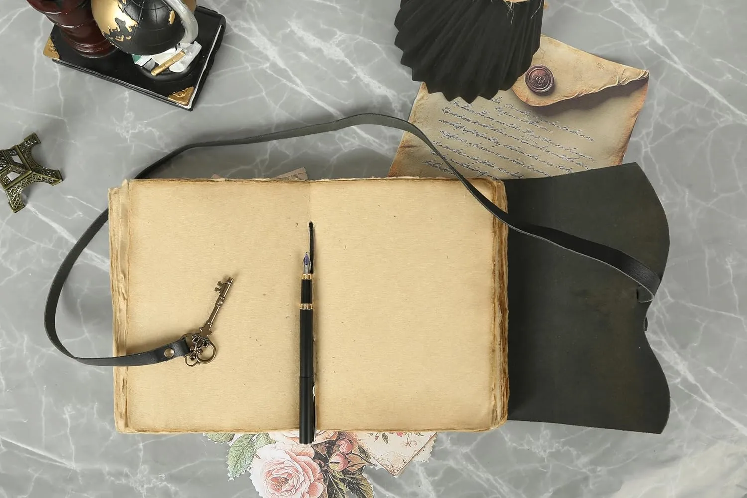 Leather Journal with Deckle Edge Paper 8x6 inch and Vintage Key | Handmade Writing Notebook Diary | Bound Daily Notepad for Men & Women Medium, Sketch/Writing pad for Artists (Black)