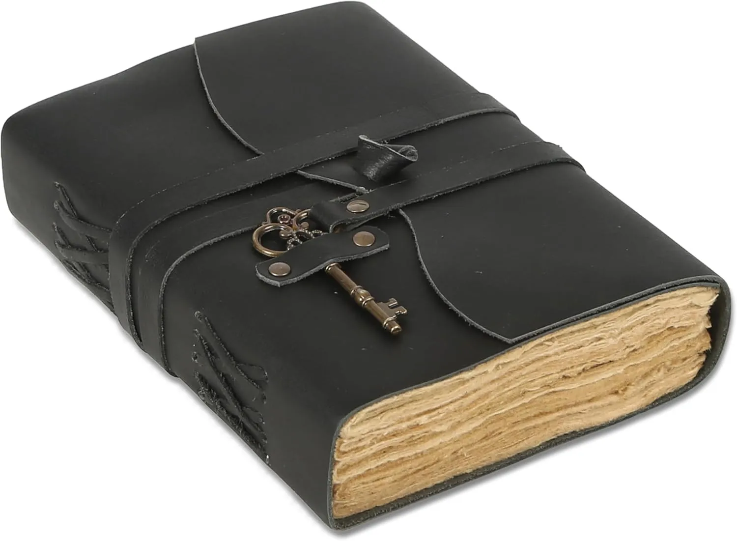 Leather Journal with Deckle Edge Paper 8x6 inch and Vintage Key | Handmade Writing Notebook Diary | Bound Daily Notepad for Men & Women Medium, Sketch/Writing pad for Artists (Black)