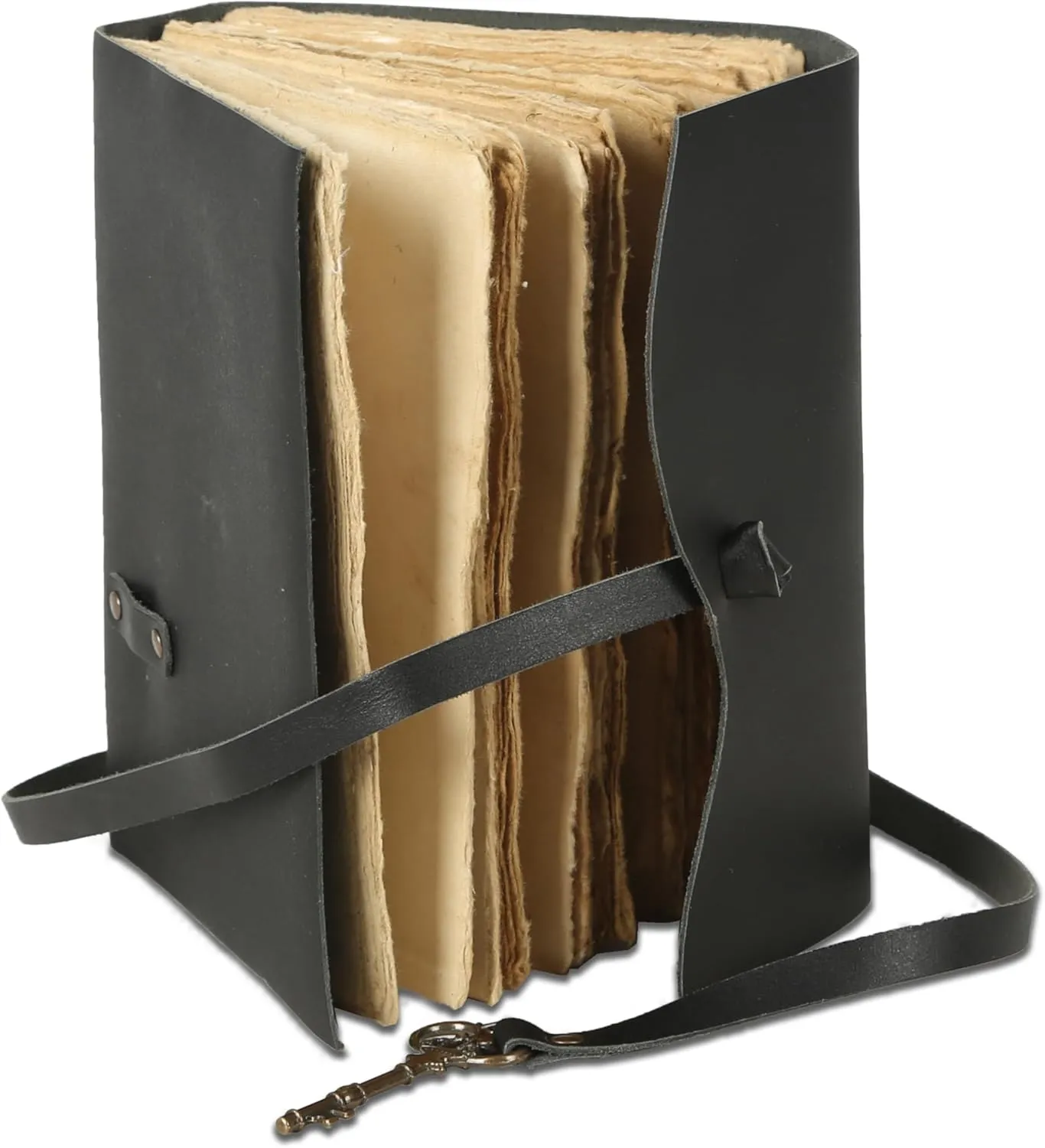Leather Journal with Deckle Edge Paper 8x6 inch and Vintage Key | Handmade Writing Notebook Diary | Bound Daily Notepad for Men & Women Medium, Sketch/Writing pad for Artists (Black)