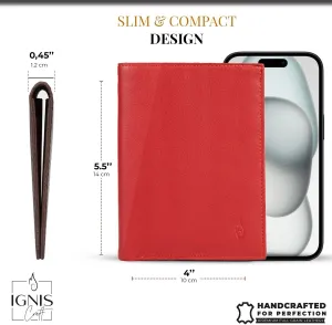 Leather Passport Cover – RFID Blocking Travel Wallet, Cruise Essentials – Top Grain Leather - Genuine Leather Bifold Holder with Card Slots & Document Organizer for Men (Ruby)