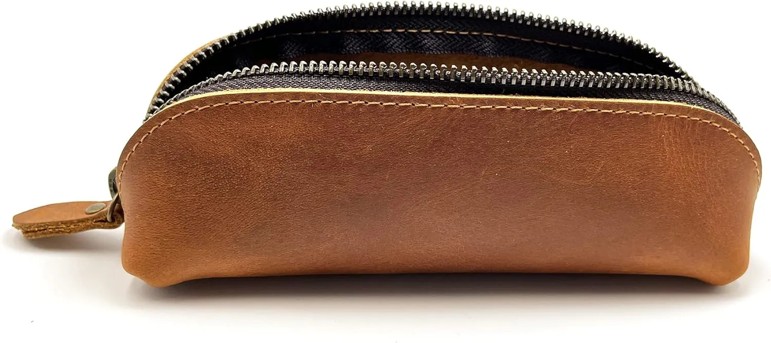Leather Pen Case Pencil Bag Pouch With Zipper Pen Holders Handmade Genuine Leather For Men Women Businessmen And Artists Home Work Office (Brown)
