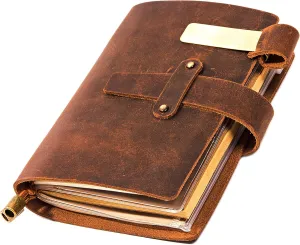 Leather Writing Journal Notebook For Men & Women - Leather Notepad, Pocket Notebook ‎5.3" x 4", 180 Pages - Sketchbook for traveling with Pen Holder, Card Holder, Handmade Refillable Travel Diary