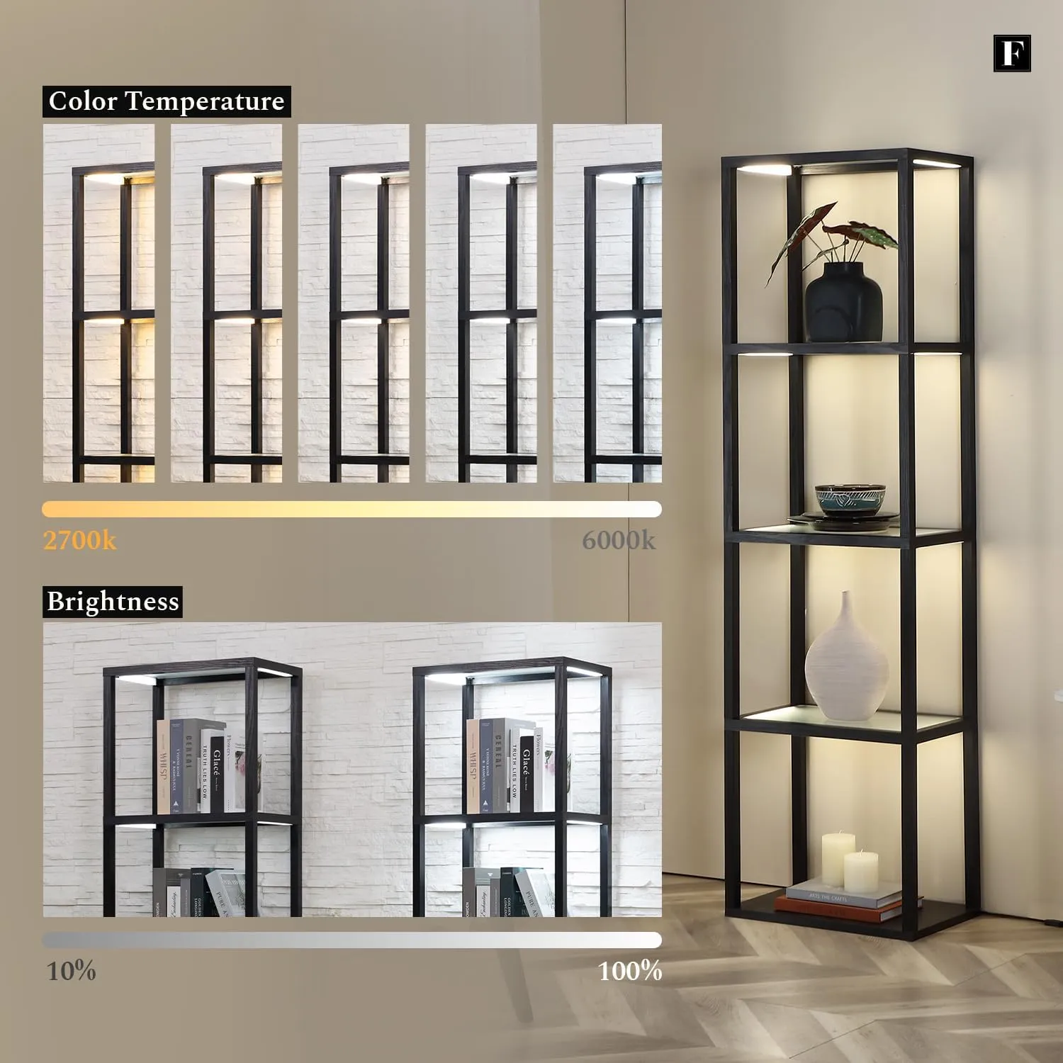 LED Display Shelf with Lights – Glass Display Cabinet for Collectibles with Dimmable Lighting, App & Remote Control – 66” Curio Shelf Floor Lamp with Adjustable Color Temps – FENLO Fantasy Plus Pro