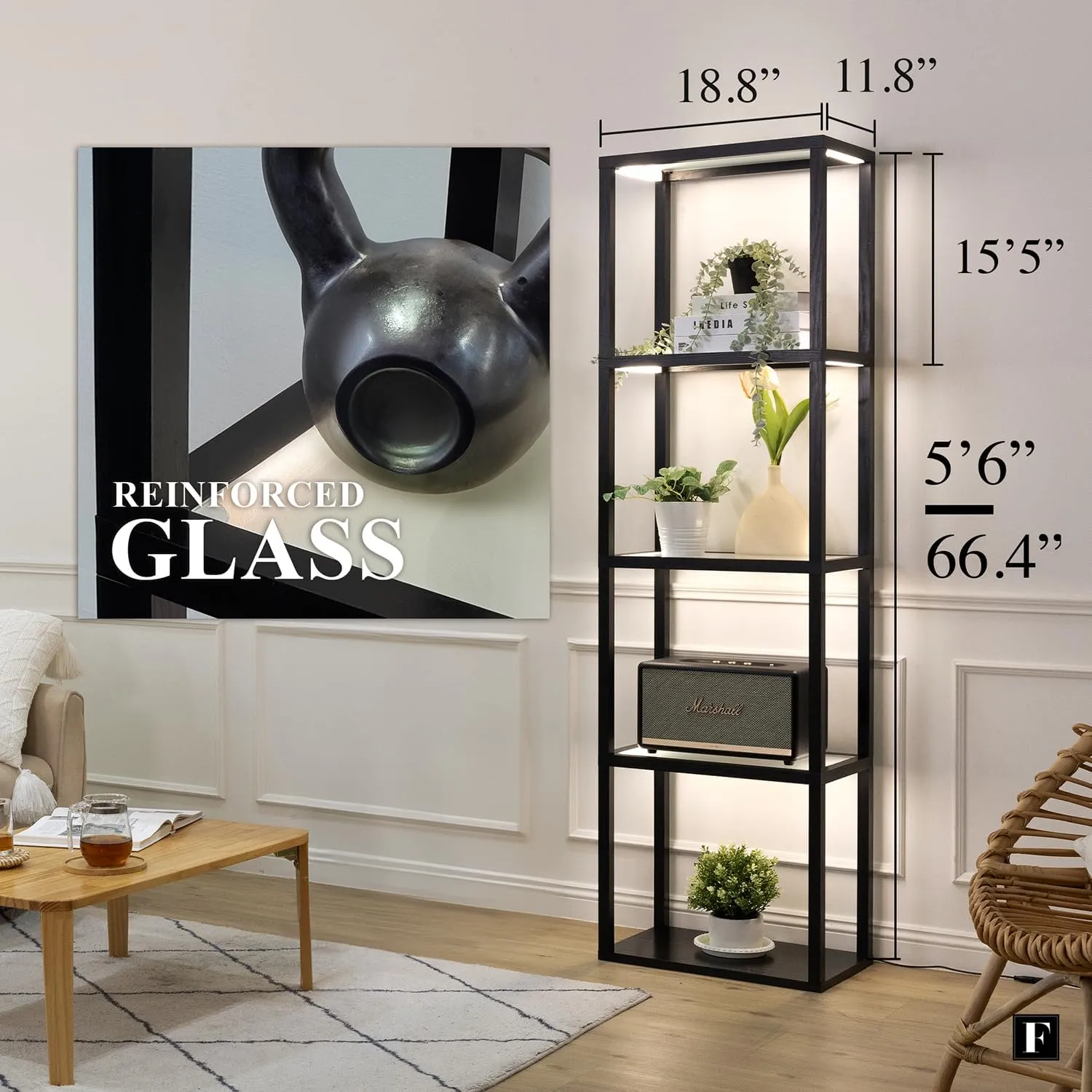 LED Display Shelf with Lights – Glass Display Cabinet for Collectibles with Dimmable Lighting, App & Remote Control – 66” Curio Shelf Floor Lamp with Adjustable Color Temps – FENLO Fantasy Plus Pro