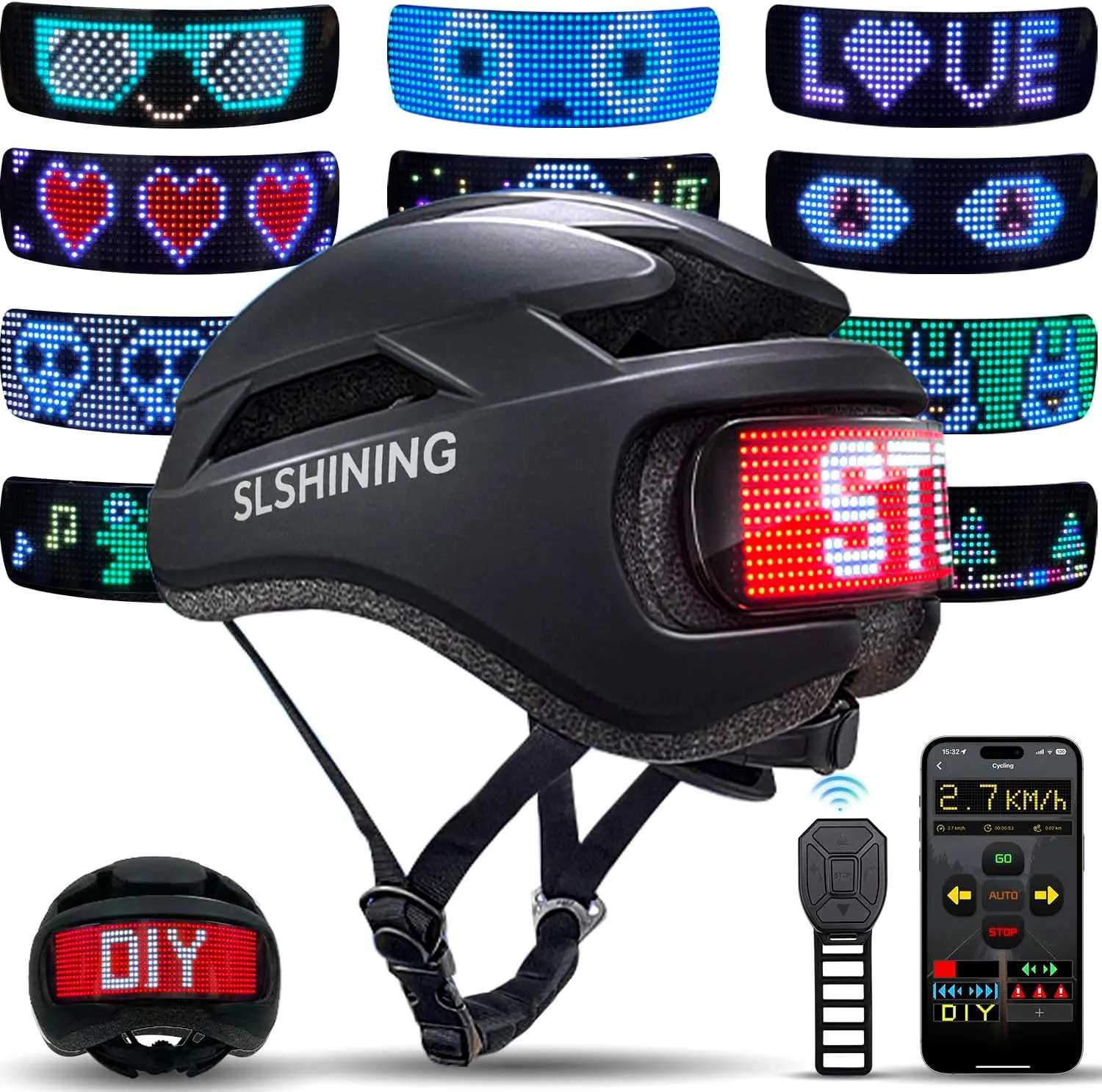 LED Smart Adult Bike Helmet with APP/Remote Control | Unisex Mountain Bicycle Helmet with Turn Signals, Speedometer, Programmable Patterns | Waterproof Road Cycling Helmet for Night Rides