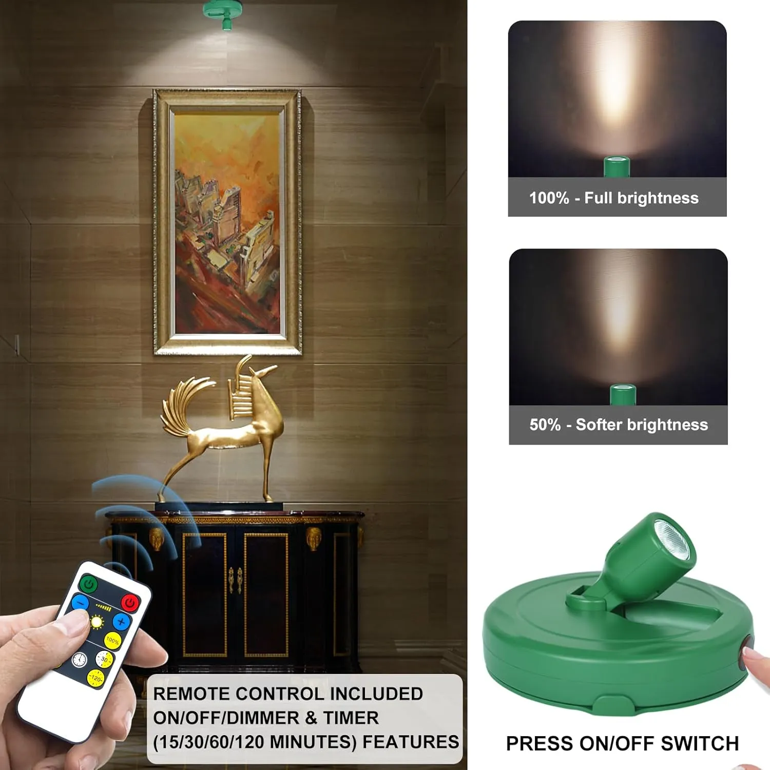 LED Spotlight, Battery Powered Picture Lights, Uplight Indoor, Puck Lights with Remote, Plant Spot Light for Wall Art Display Dartboard Painting Artwork Accent Closet-Green