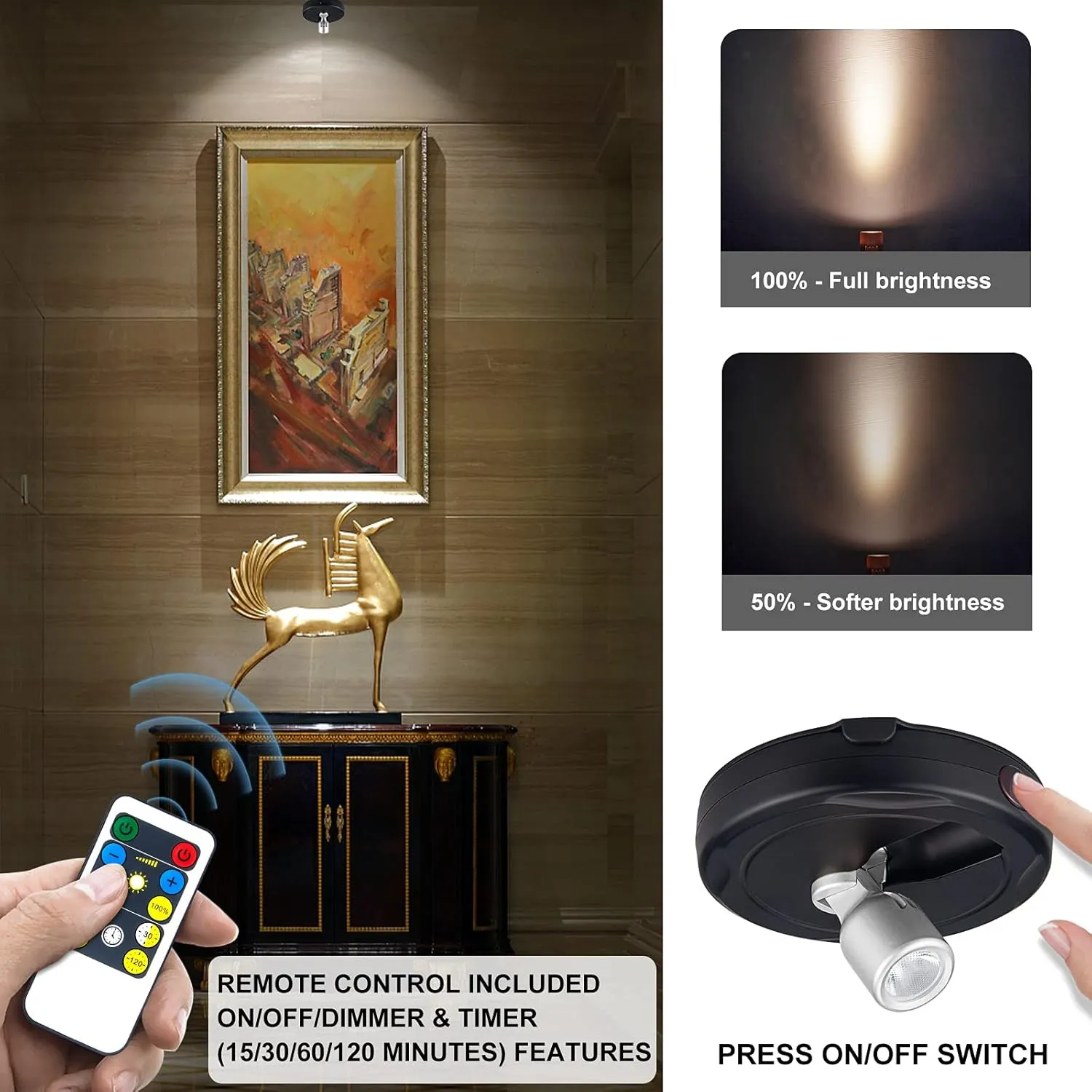 LED Spotlight, Battery Powered Picture Lights, Uplighting Indoor, Puck Lights with Remote, Stick Spot Light for Wall Display Dartboard Painting Artwork Accent-Silver