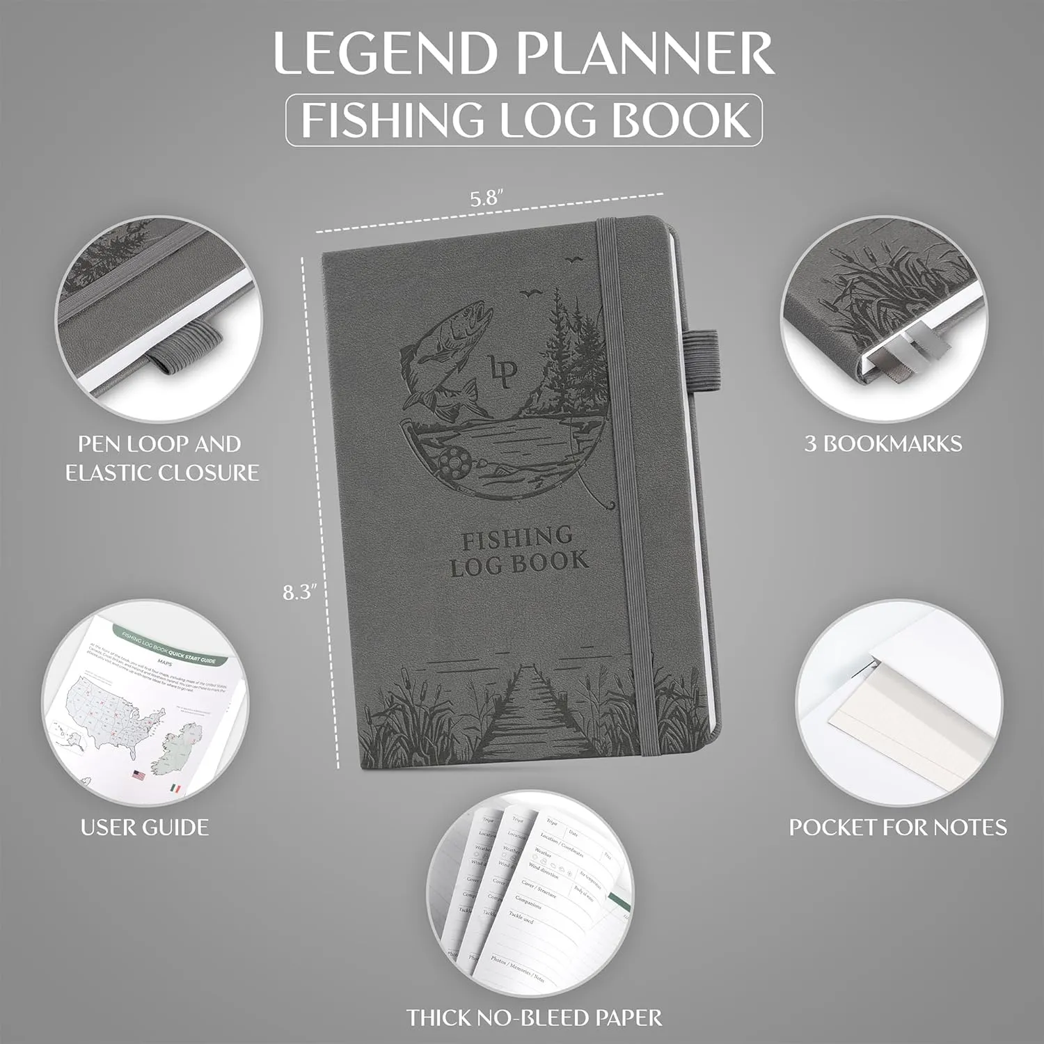 Legend Fishing Log Book – Fisherman Journal Notebook to Record Catches & Trip Info – Fishing Essentials, Equipment & Gifts for Men (Gray Debossed)
