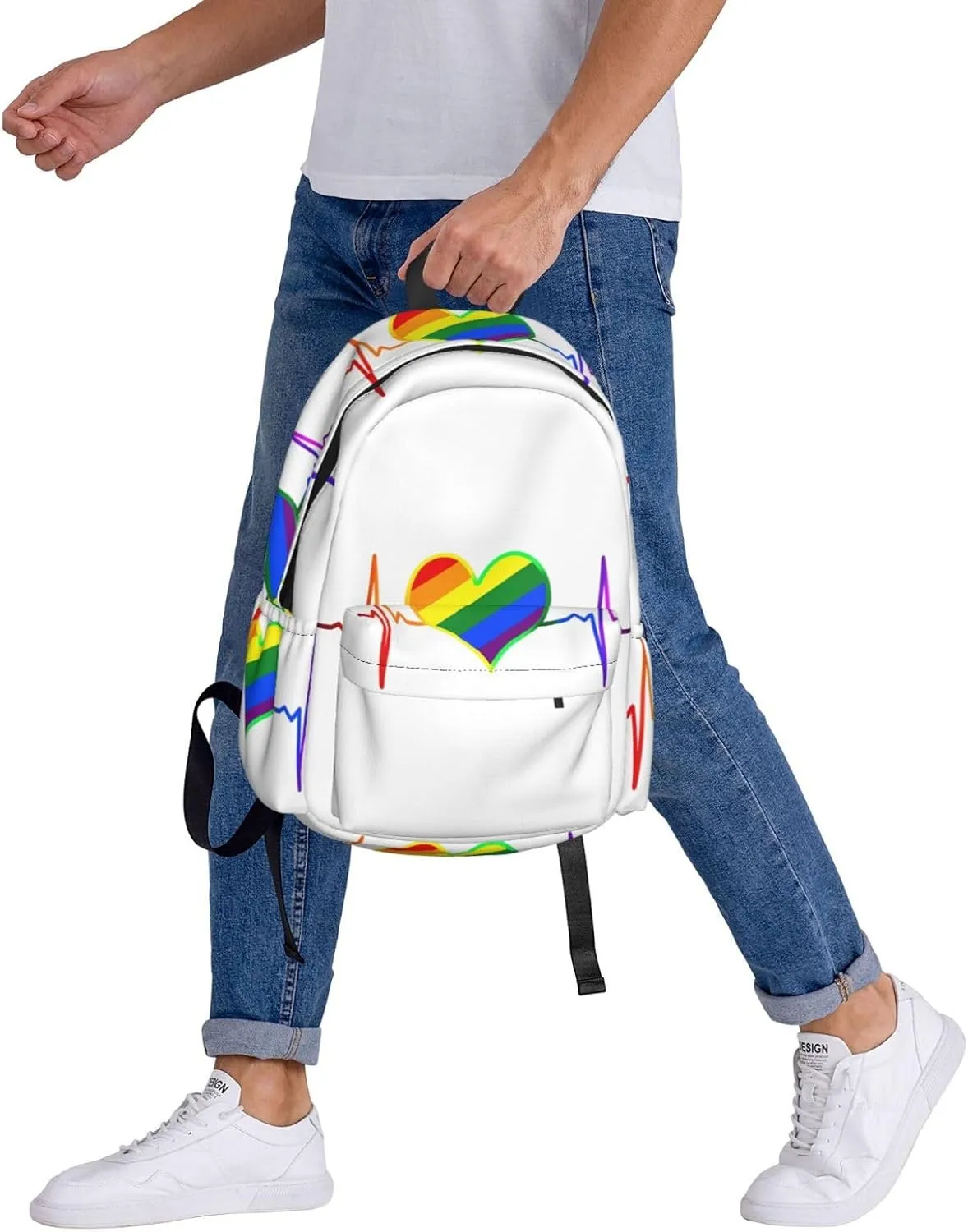 LGBT Rainbow Gay Pride Heart Beat Pulse 17 Inch Casual Backpack Laptop Backpacks Travel Back Pack Large Camping Rucksack Hiking Daypack Lightweight Double Shoulder Bag