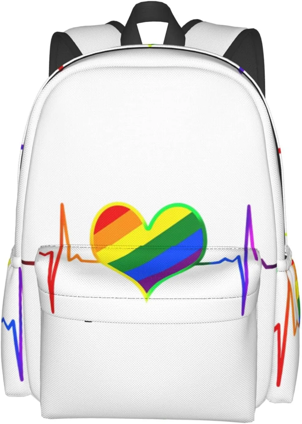 LGBT Rainbow Gay Pride Heart Beat Pulse 17 Inch Casual Backpack Laptop Backpacks Travel Back Pack Large Camping Rucksack Hiking Daypack Lightweight Double Shoulder Bag