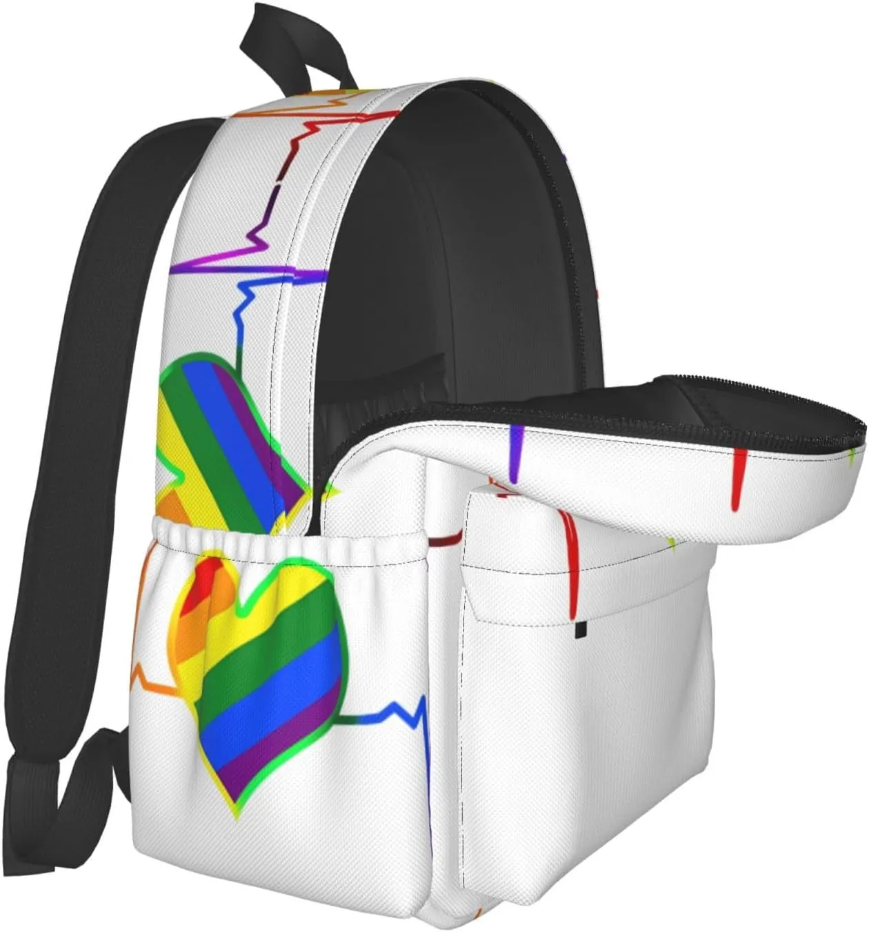 LGBT Rainbow Gay Pride Heart Beat Pulse 17 Inch Casual Backpack Laptop Backpacks Travel Back Pack Large Camping Rucksack Hiking Daypack Lightweight Double Shoulder Bag