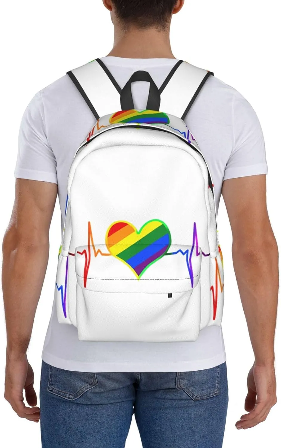 LGBT Rainbow Gay Pride Heart Beat Pulse 17 Inch Casual Backpack Laptop Backpacks Travel Back Pack Large Camping Rucksack Hiking Daypack Lightweight Double Shoulder Bag