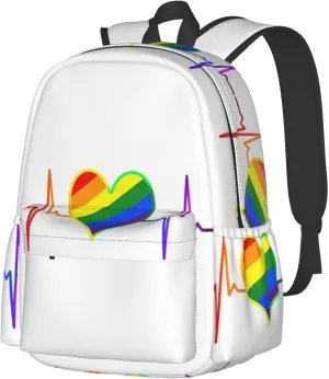 LGBT Rainbow Gay Pride Heart Beat Pulse 17 Inch Casual Backpack Laptop Backpacks Travel Back Pack Large Camping Rucksack Hiking Daypack Lightweight Double Shoulder Bag
