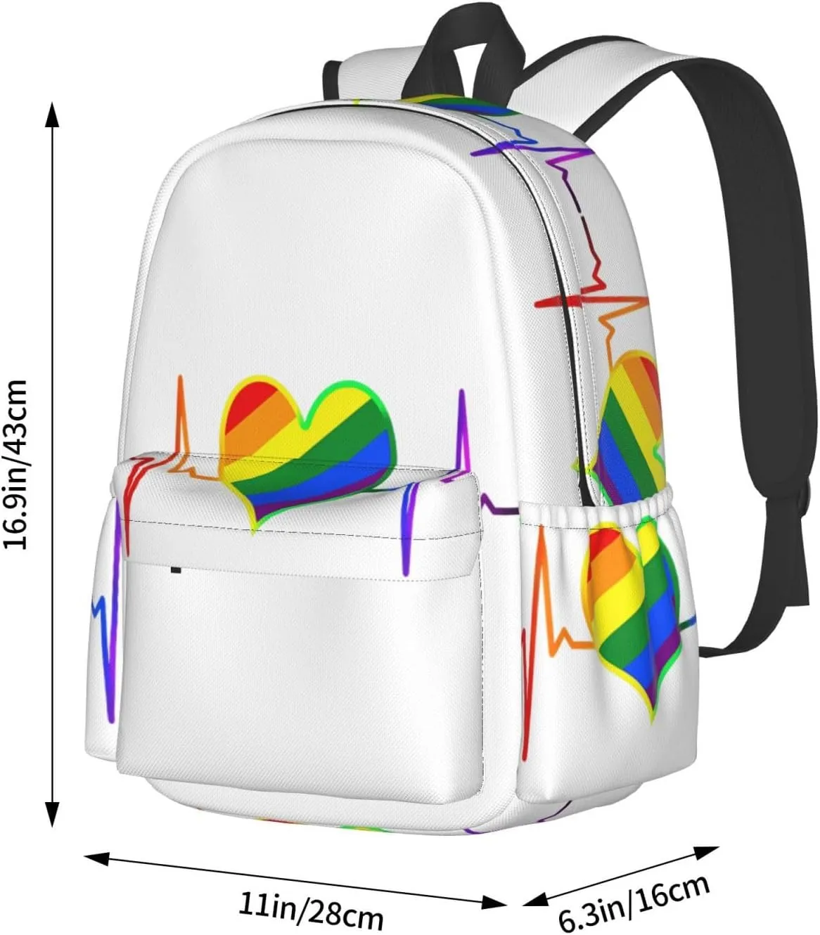 LGBT Rainbow Gay Pride Heart Beat Pulse 17 Inch Casual Backpack Laptop Backpacks Travel Back Pack Large Camping Rucksack Hiking Daypack Lightweight Double Shoulder Bag