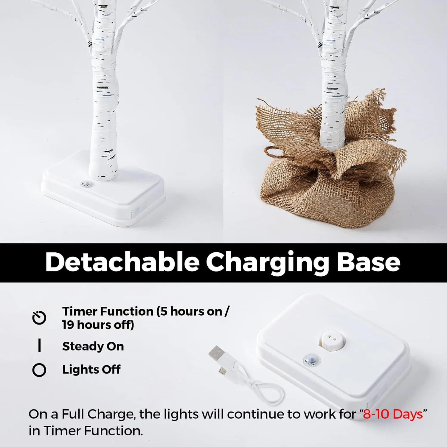 Lighted Birch Tree, 2Pack USB Rechargeable Tabletop Tree with Burlap Decor, Timer Function, Pre-Lit Artificial Mini Money Trees with Lights for Spring Summer Home Centerpiece Decor (2FT)