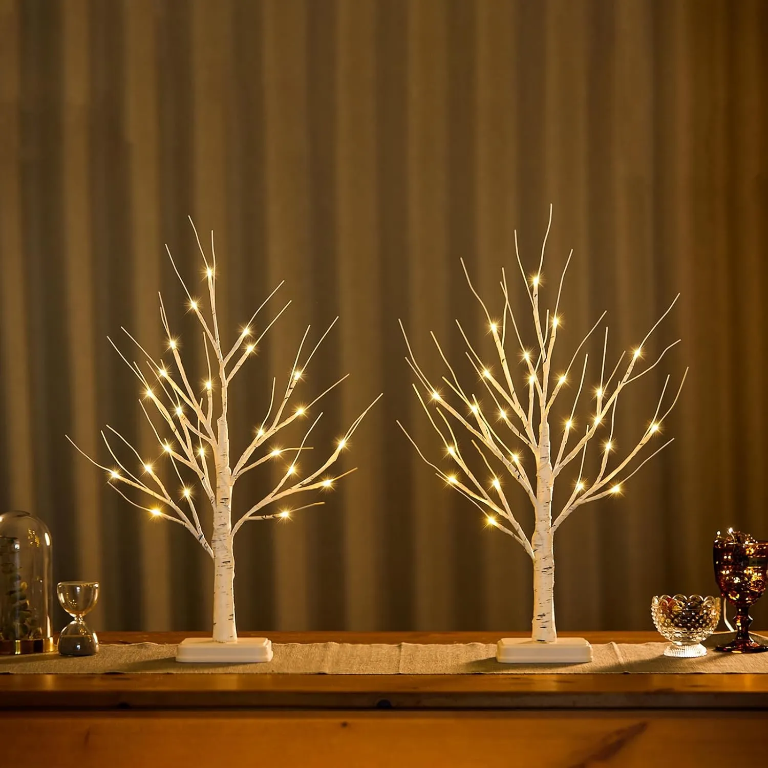 Lighted Birch Tree, 2Pack USB Rechargeable Tabletop Tree with Burlap Decor, Timer Function, Pre-Lit Artificial Mini Money Trees with Lights for Spring Summer Home Centerpiece Decor (2FT)