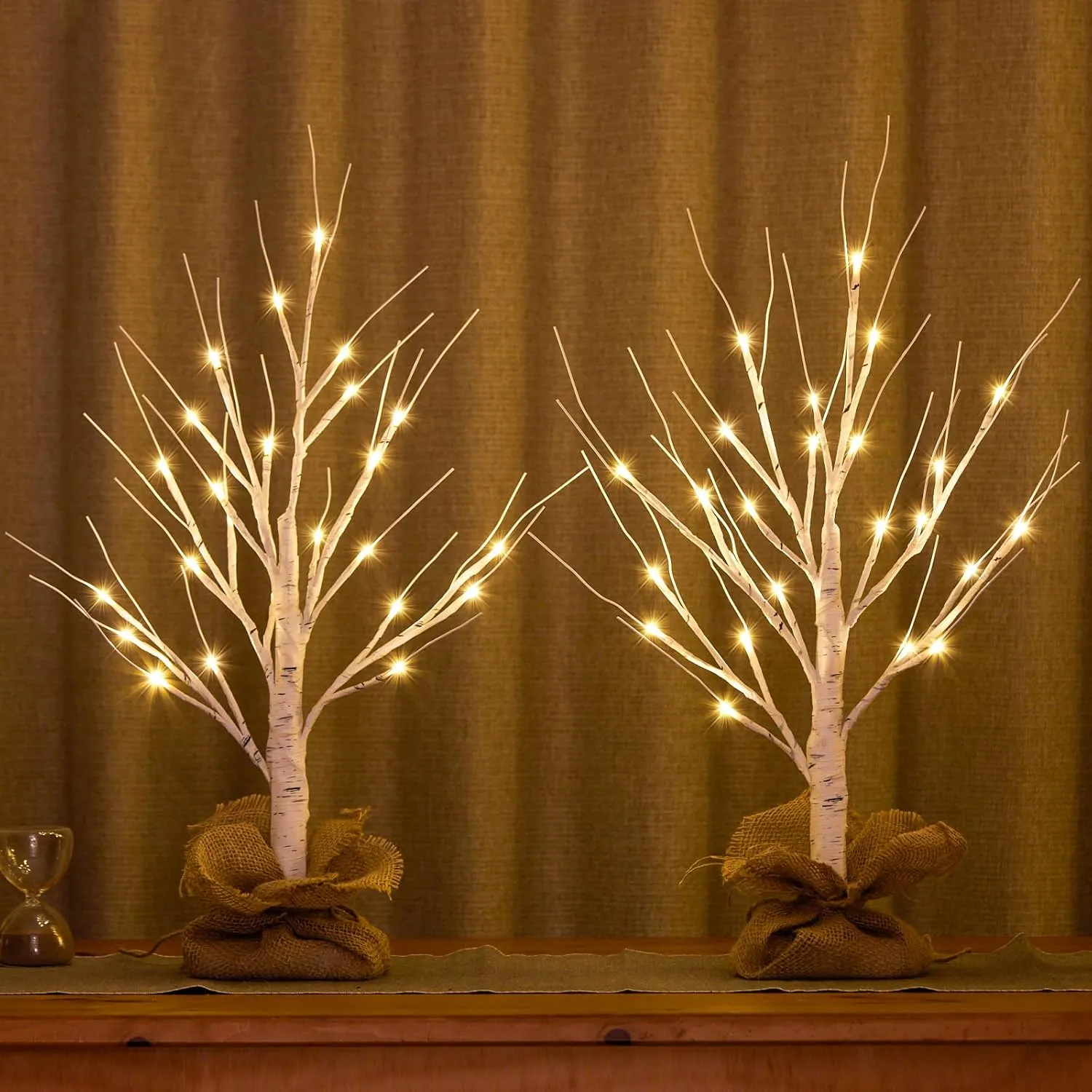 Lighted Birch Tree, 2Pack USB Rechargeable Tabletop Tree with Burlap Decor, Timer Function, Pre-Lit Artificial Mini Money Trees with Lights for Spring Summer Home Centerpiece Decor (2FT)