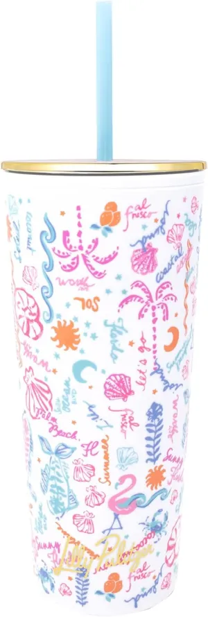 Lilly Pulitzer Double Wall Tumbler with Lid and Reusable Straw, Insulated Travel Cup Holds 24 Ounces (Summer Serenade)