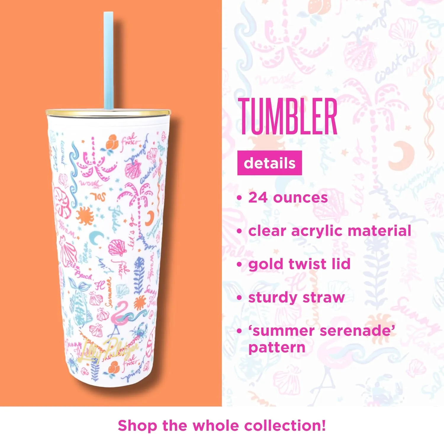 Lilly Pulitzer Double Wall Tumbler with Lid and Reusable Straw, Insulated Travel Cup Holds 24 Ounces (Summer Serenade)