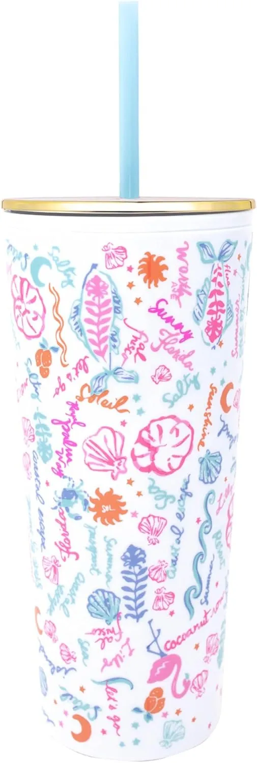 Lilly Pulitzer Double Wall Tumbler with Lid and Reusable Straw, Insulated Travel Cup Holds 24 Ounces (Summer Serenade)