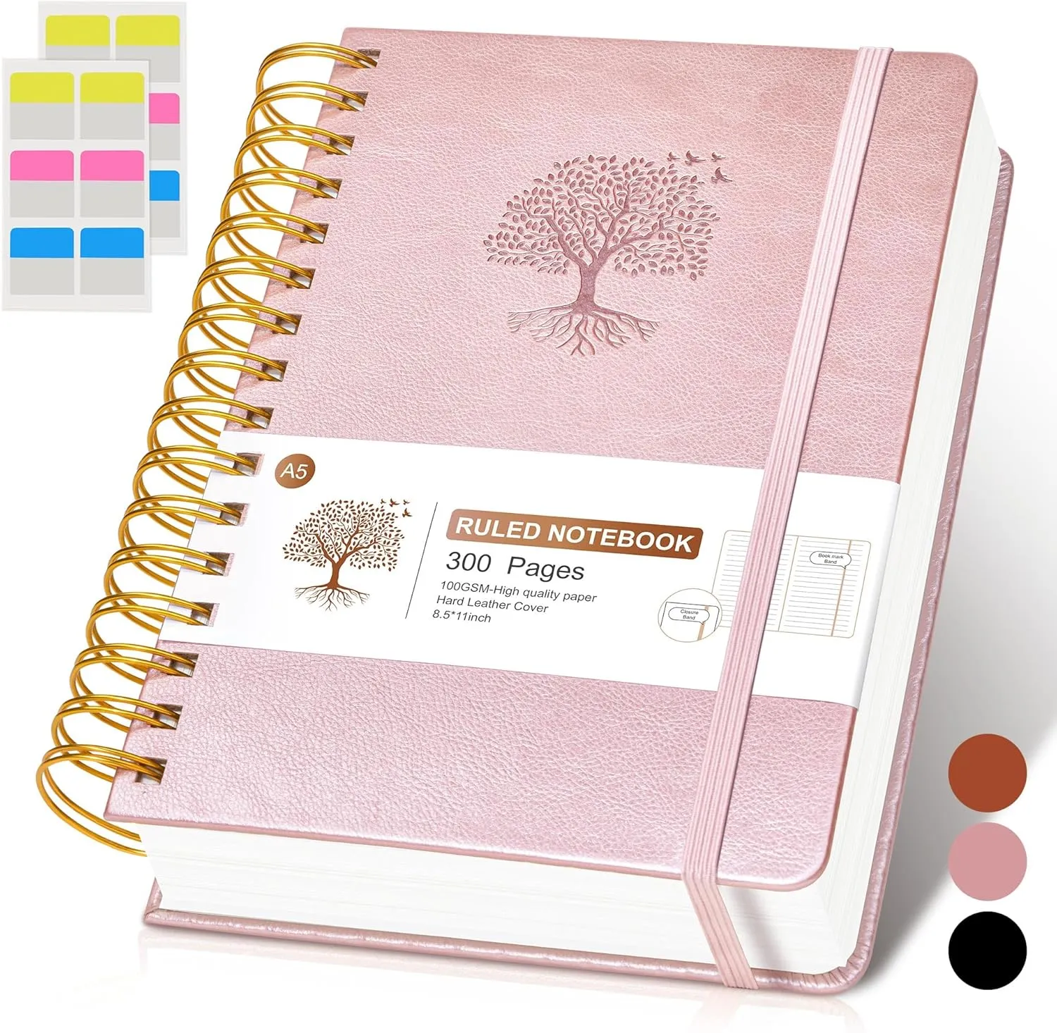 Lined Spiral Notebook Journal, 300 Pages Hardcover Leather Journals for Women Men, A5 College Ruled Notebooks, 100 GSM Thick Paper, Spiral Bound Journaling for Writing Work School 5.75"×8.38", Pink