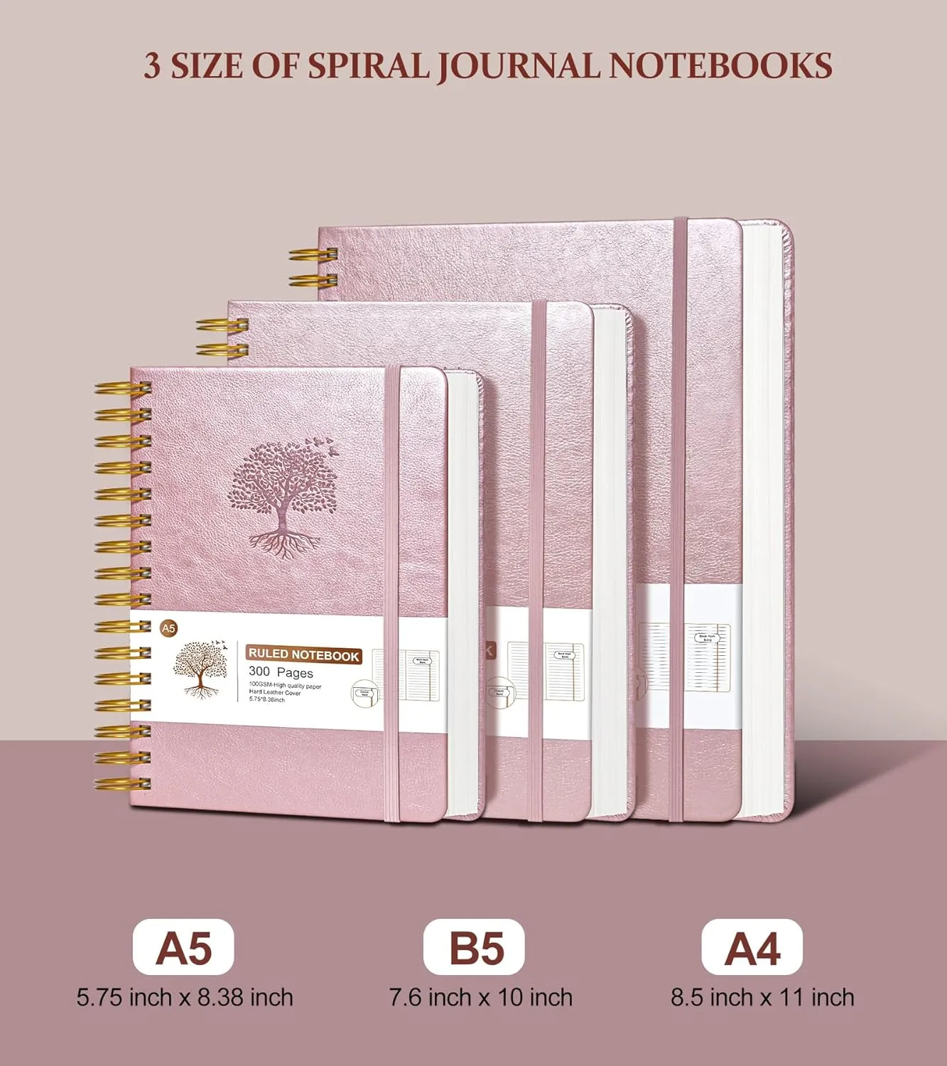 Lined Spiral Notebook Journal, 300 Pages Hardcover Leather Journals for Women Men, A5 College Ruled Notebooks, 100 GSM Thick Paper, Spiral Bound Journaling for Writing Work School 5.75"×8.38", Pink