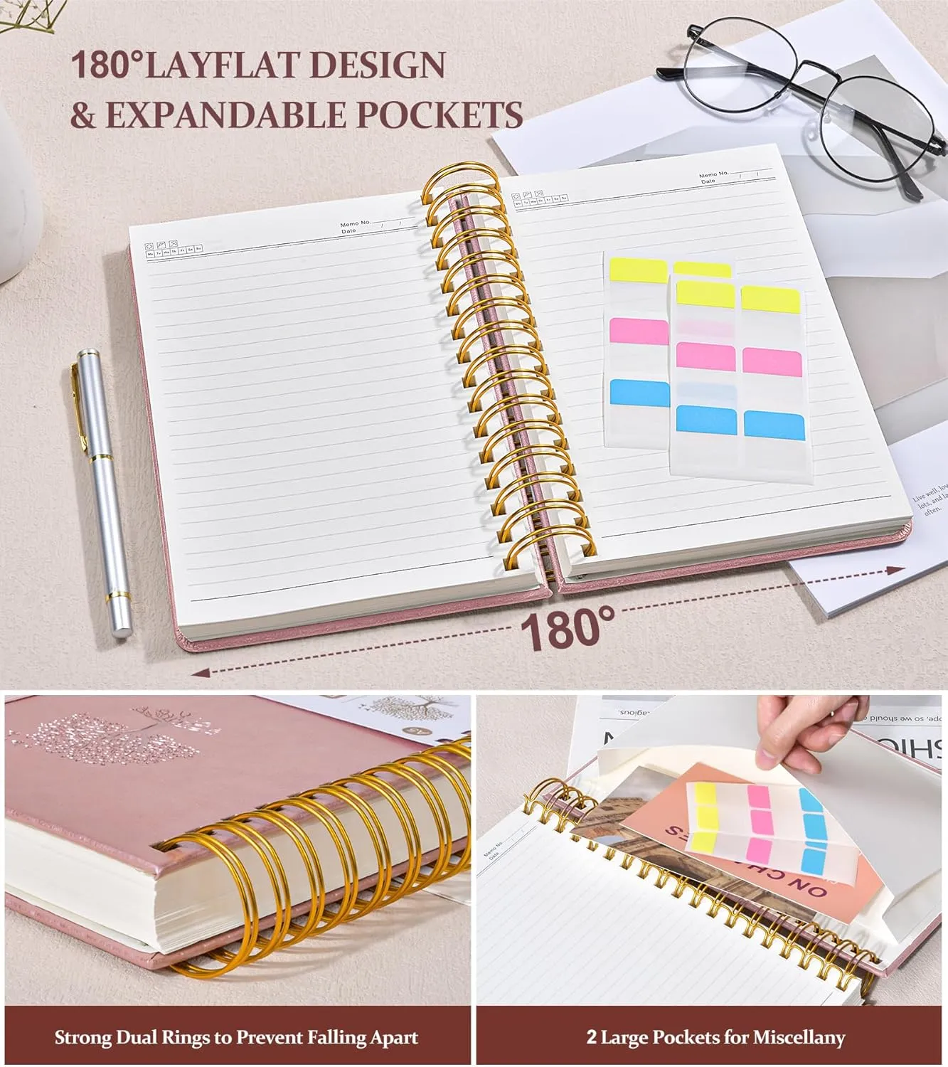 Lined Spiral Notebook Journal, 300 Pages Hardcover Leather Journals for Women Men, A5 College Ruled Notebooks, 100 GSM Thick Paper, Spiral Bound Journaling for Writing Work School 5.75"×8.38", Pink