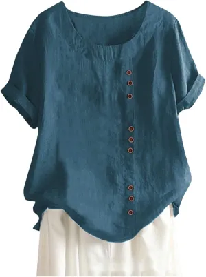 Linen Shirts for Women 2025 Summer Cotton Linen Tops Loose Fit Casual Roll Up Short Sleeve T-Shirt Trendy Blouse